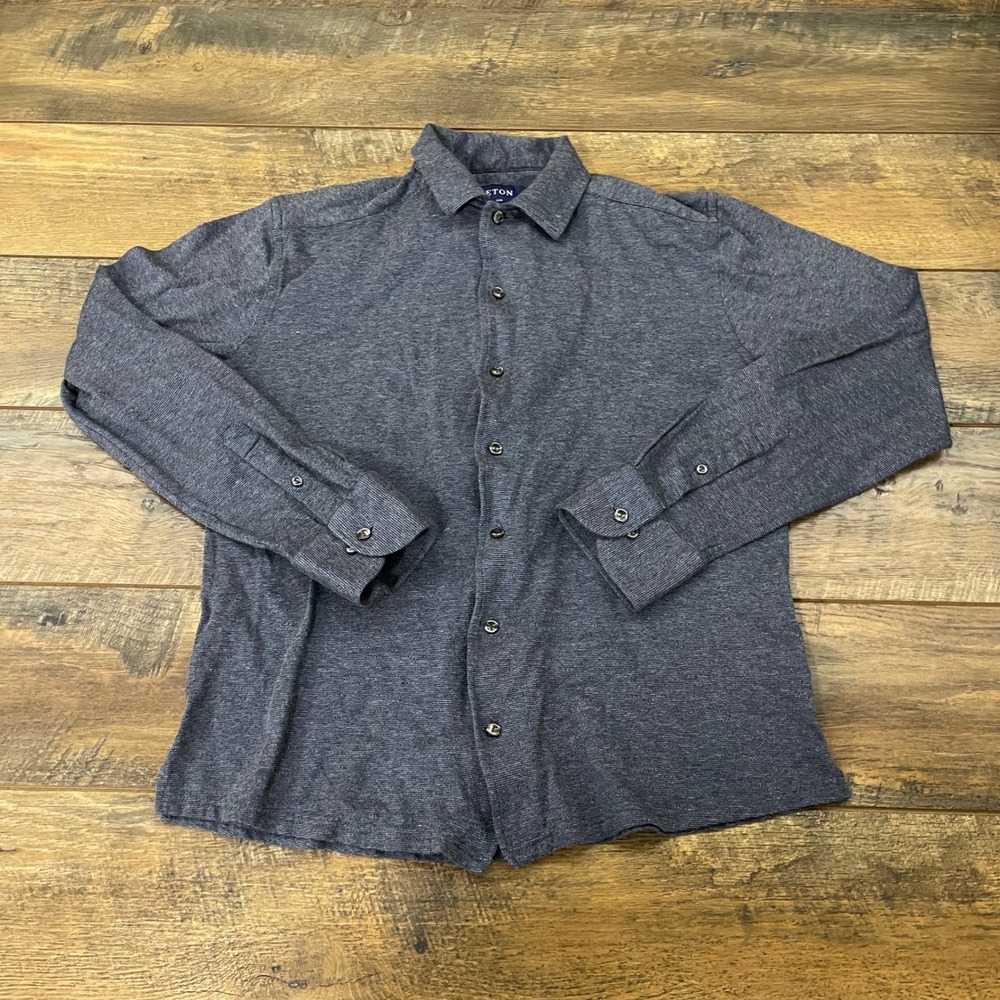 Eton Slim Fit Blue Textured Knit Cotton Button Down Shirt Mens L Luxury Business